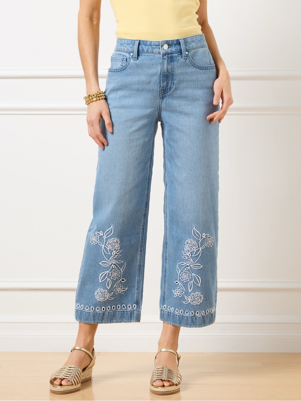 Talbots High-Waisted Wide Crop Embroidered Jeans Lacey Light Wash Size 14